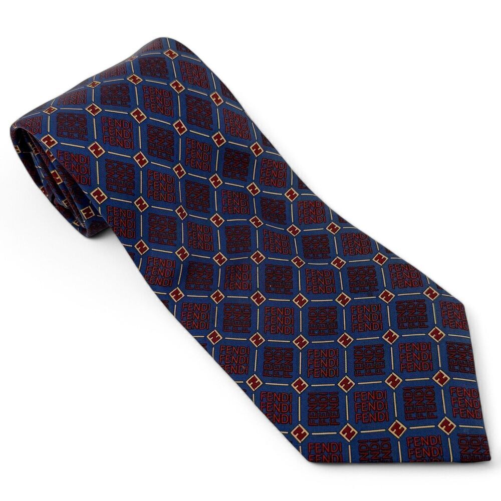 Vintage Fendi Men's 100% Italian Silk Allover Monogram Logo Neck Tie Blue/Red
